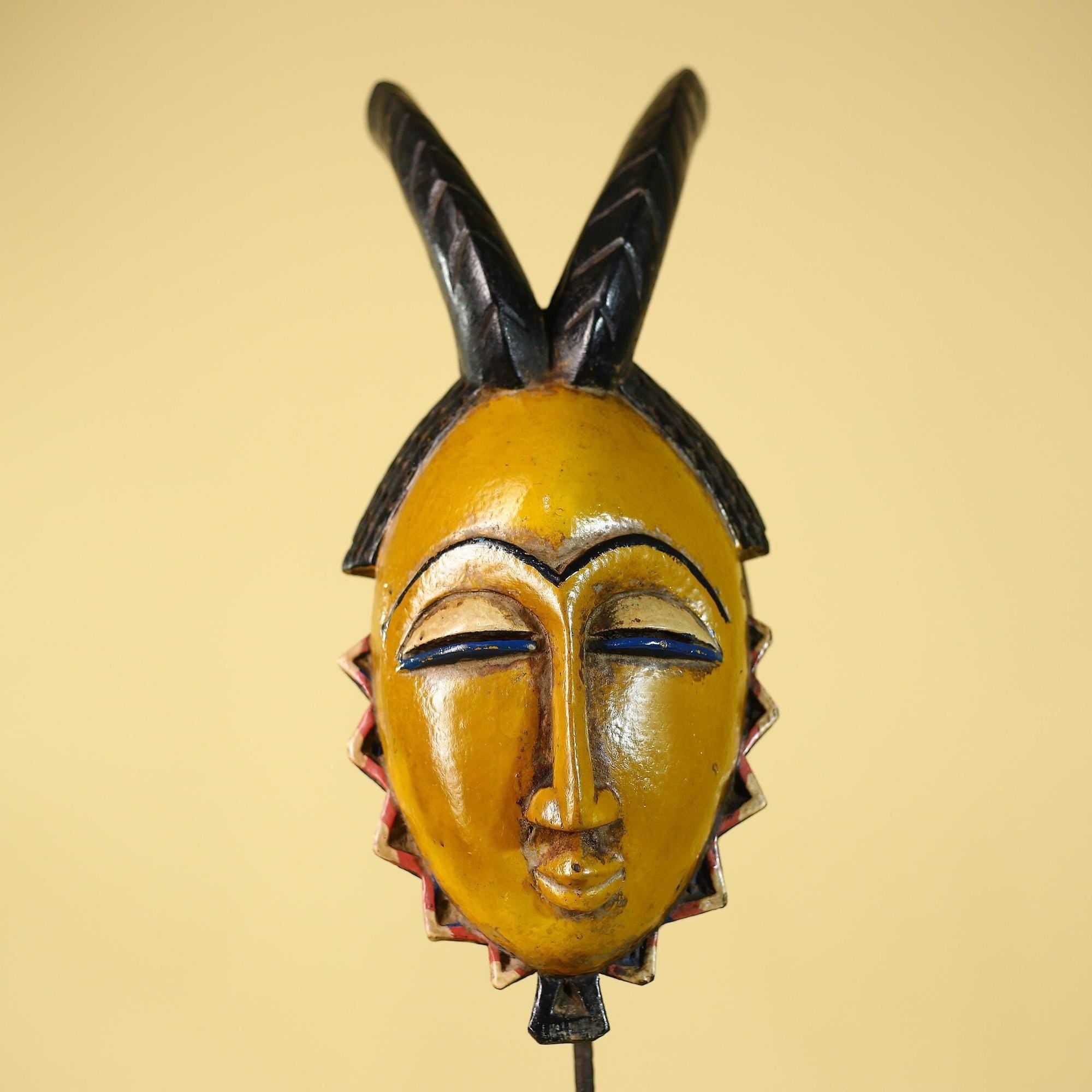 African Mask Baule Tribal Art Yellow Wooden Wall Decor Vintage- Côte d’Ivoire-G6137