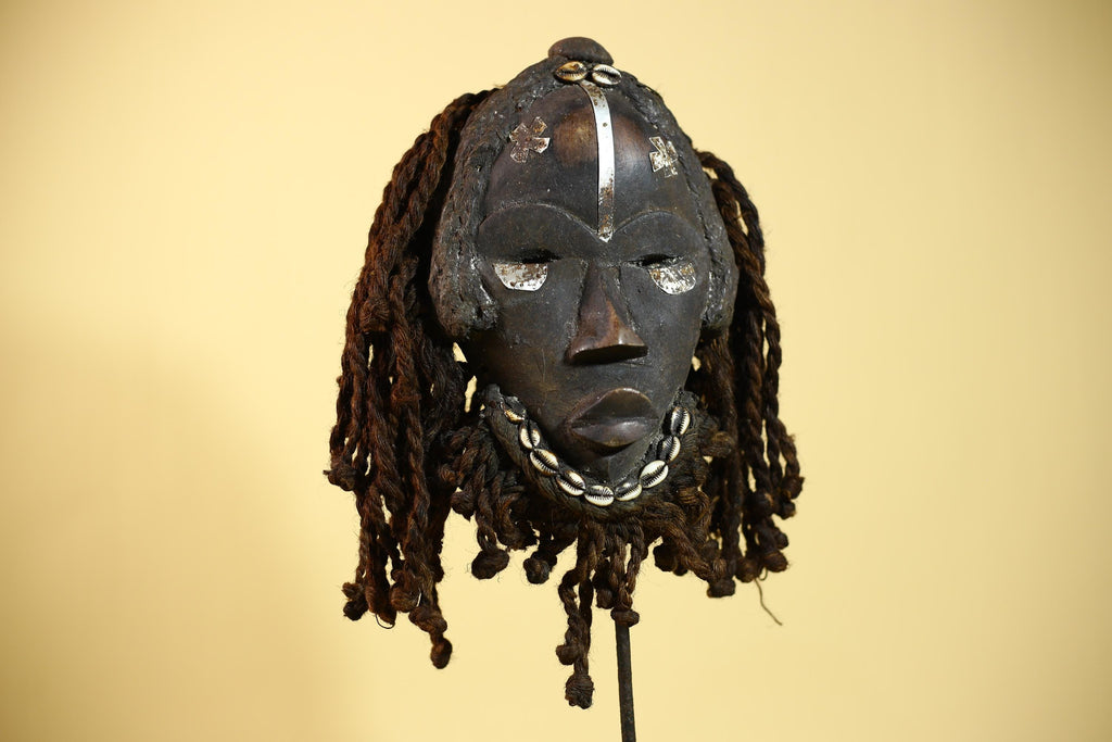 Antique Dan Mask with Braided Beard & Metal Inlays African Collectible Art-G6035
