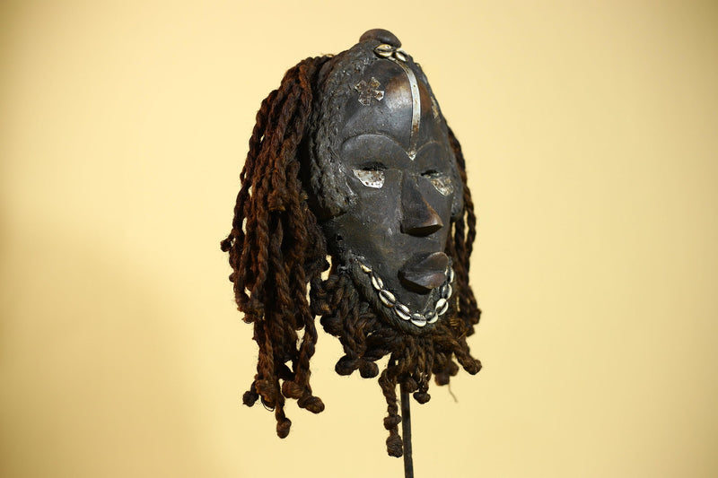 Antique Dan Mask with Braided Beard & Metal Inlays African Collectible Art-G6035