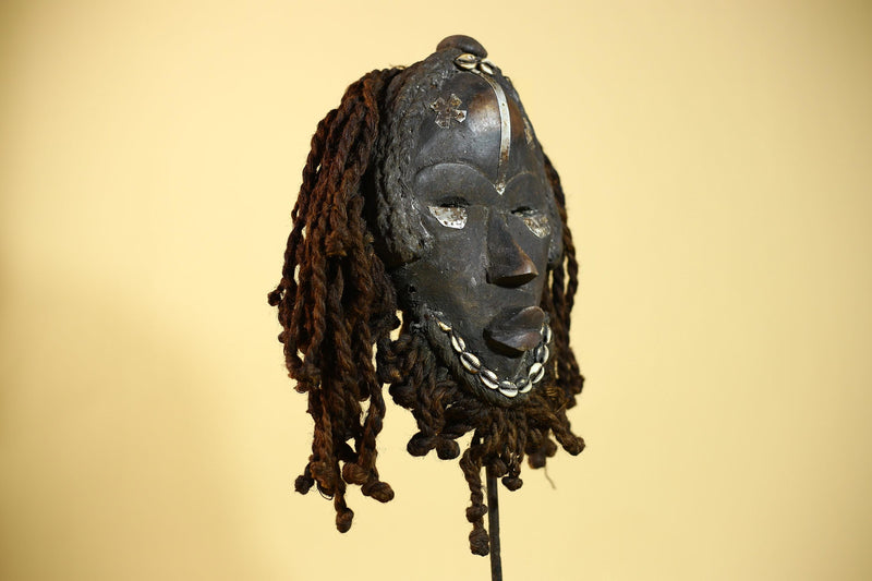 Antique Dan Mask with Braided Beard & Metal Inlays African Collectible Art-G6035
