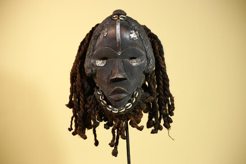 Antique Dan Mask with Braided Beard & Metal Inlays African Collectible Art-G6035