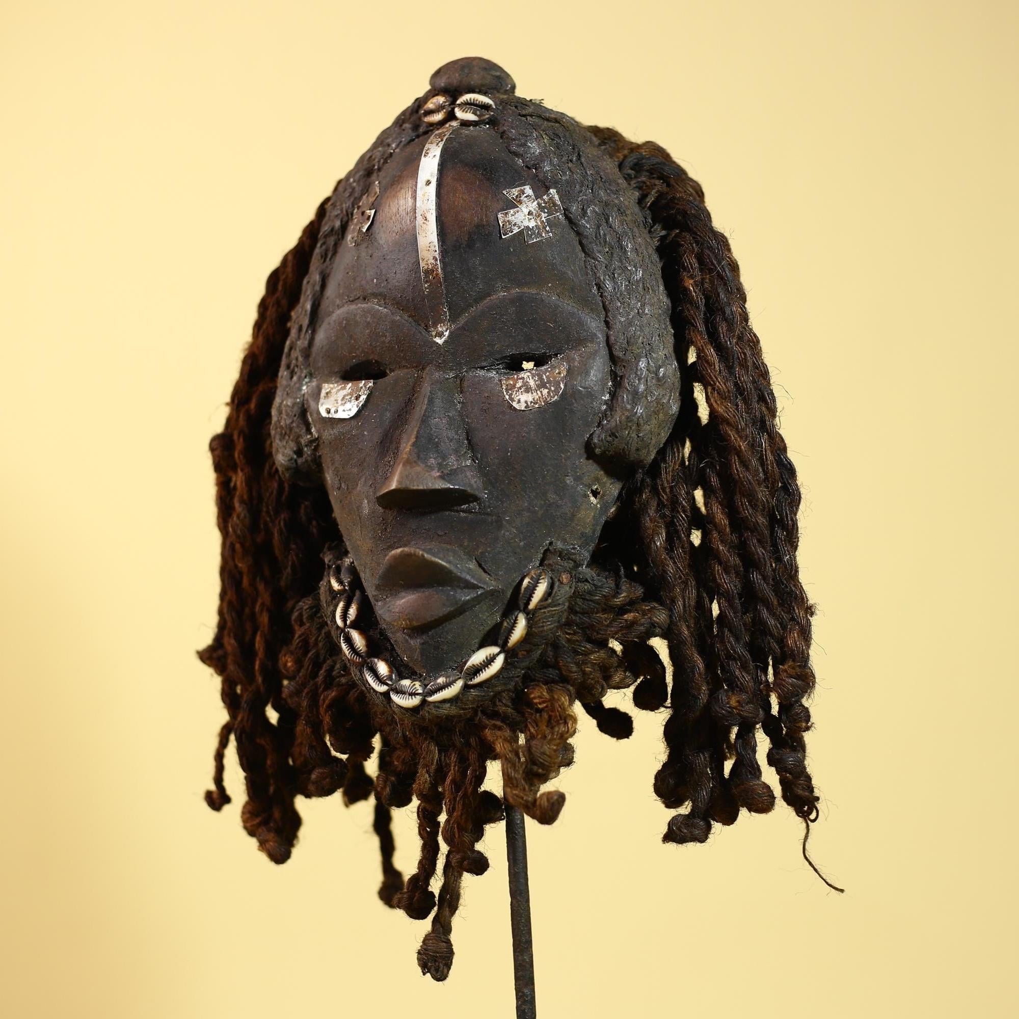 Antique Dan Mask with Braided Beard & Metal Inlays African Collectible Art-G6035