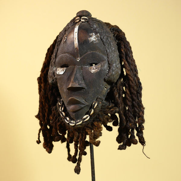Antique Dan Mask with Braided Beard & Metal Inlays African Collectible Art-G6035