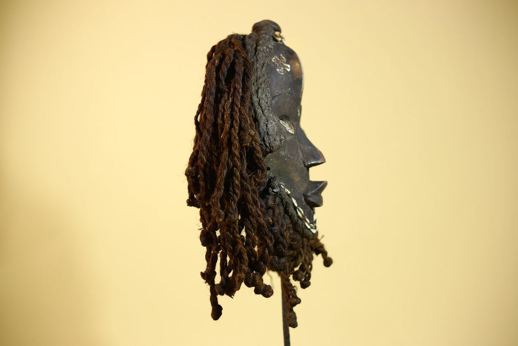 Antique Dan Mask with Braided Beard & Metal Inlays African Collectible Art-G6035