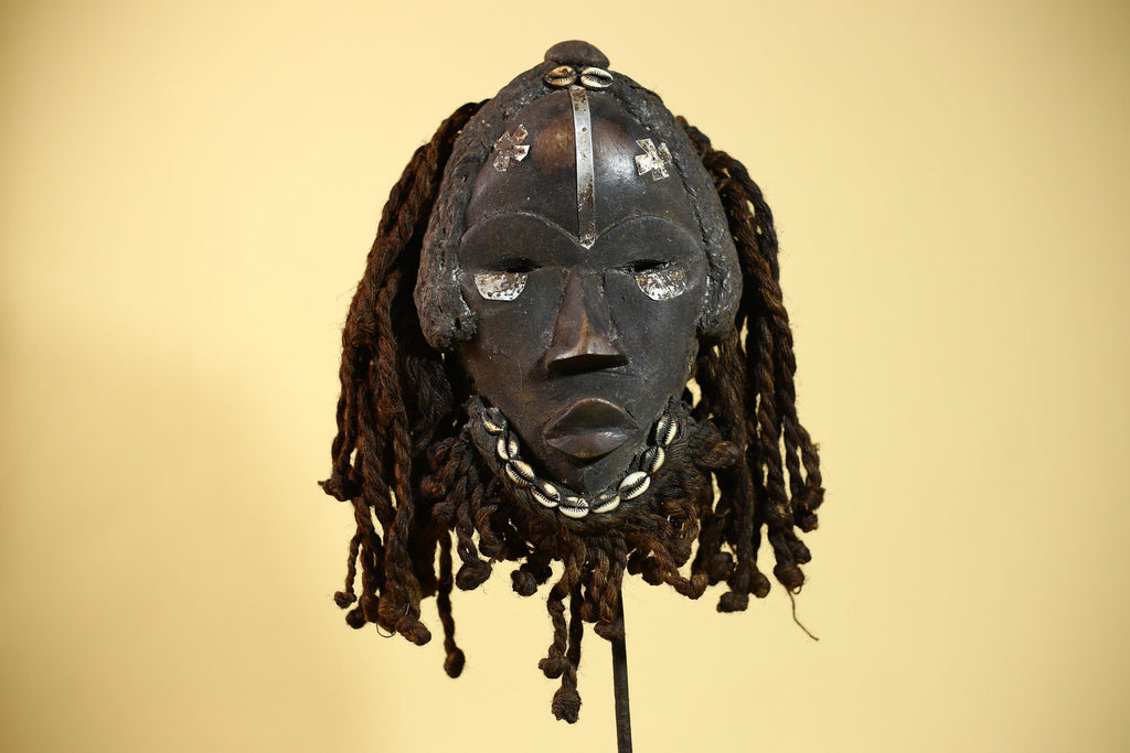 Antique Dan Mask with Braided Beard & Metal Inlays African Collectible Art-G6035