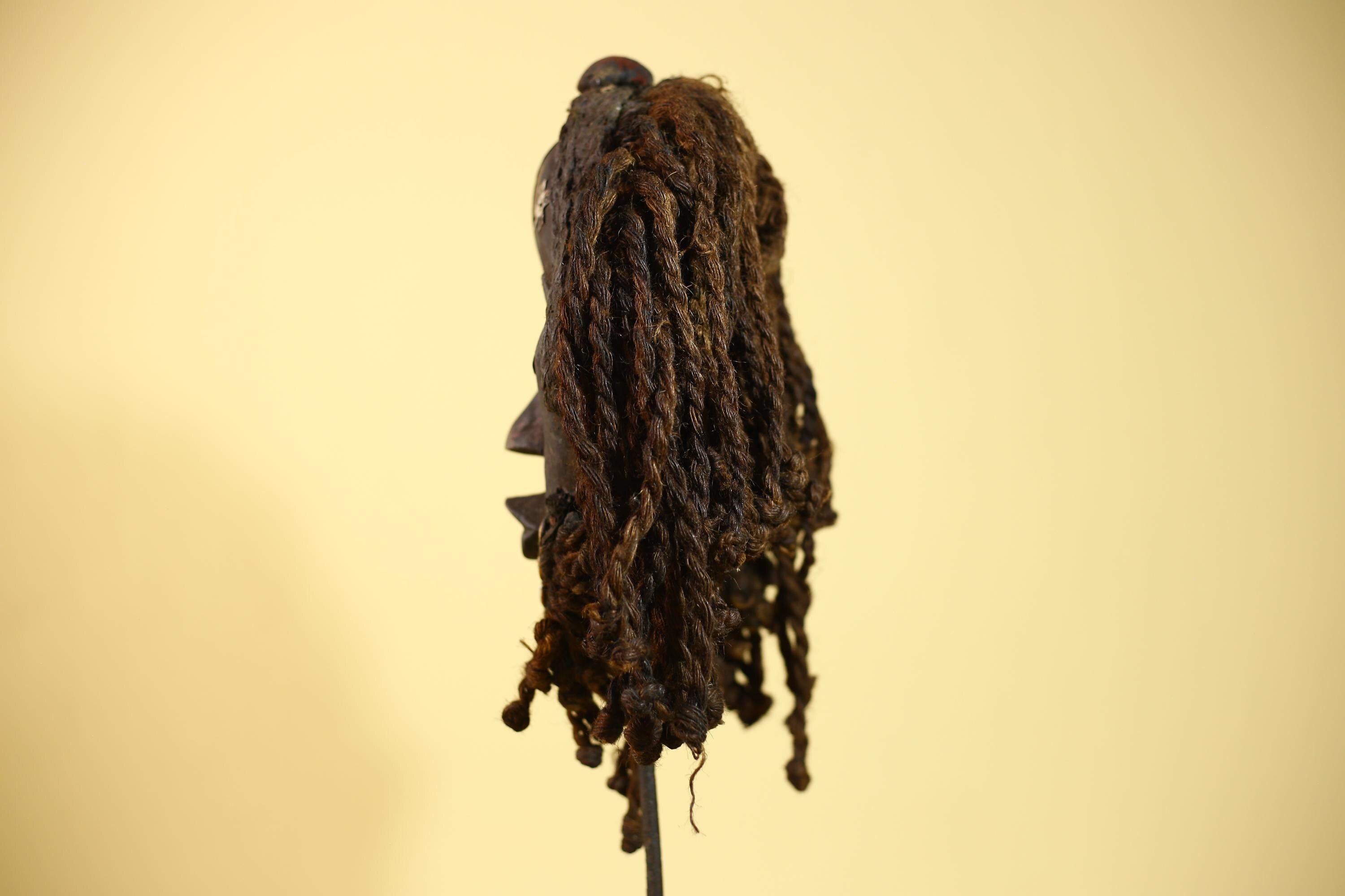 Antique Dan Mask with Braided Beard & Metal Inlays African Collectible Art-G6035