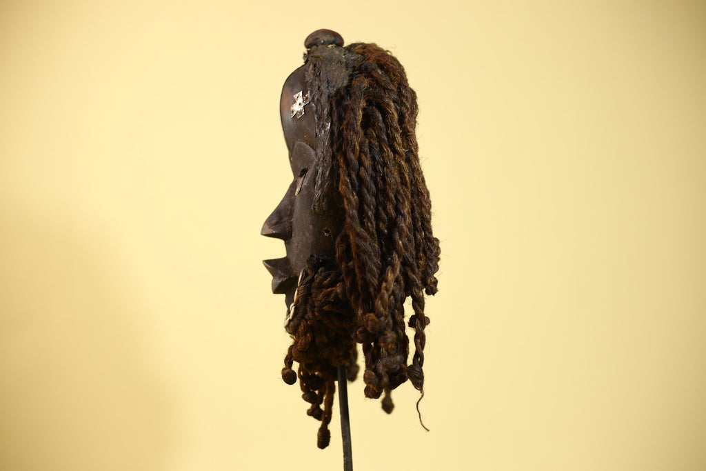 Antique Dan Mask with Braided Beard & Metal Inlays African Collectible Art-G6035