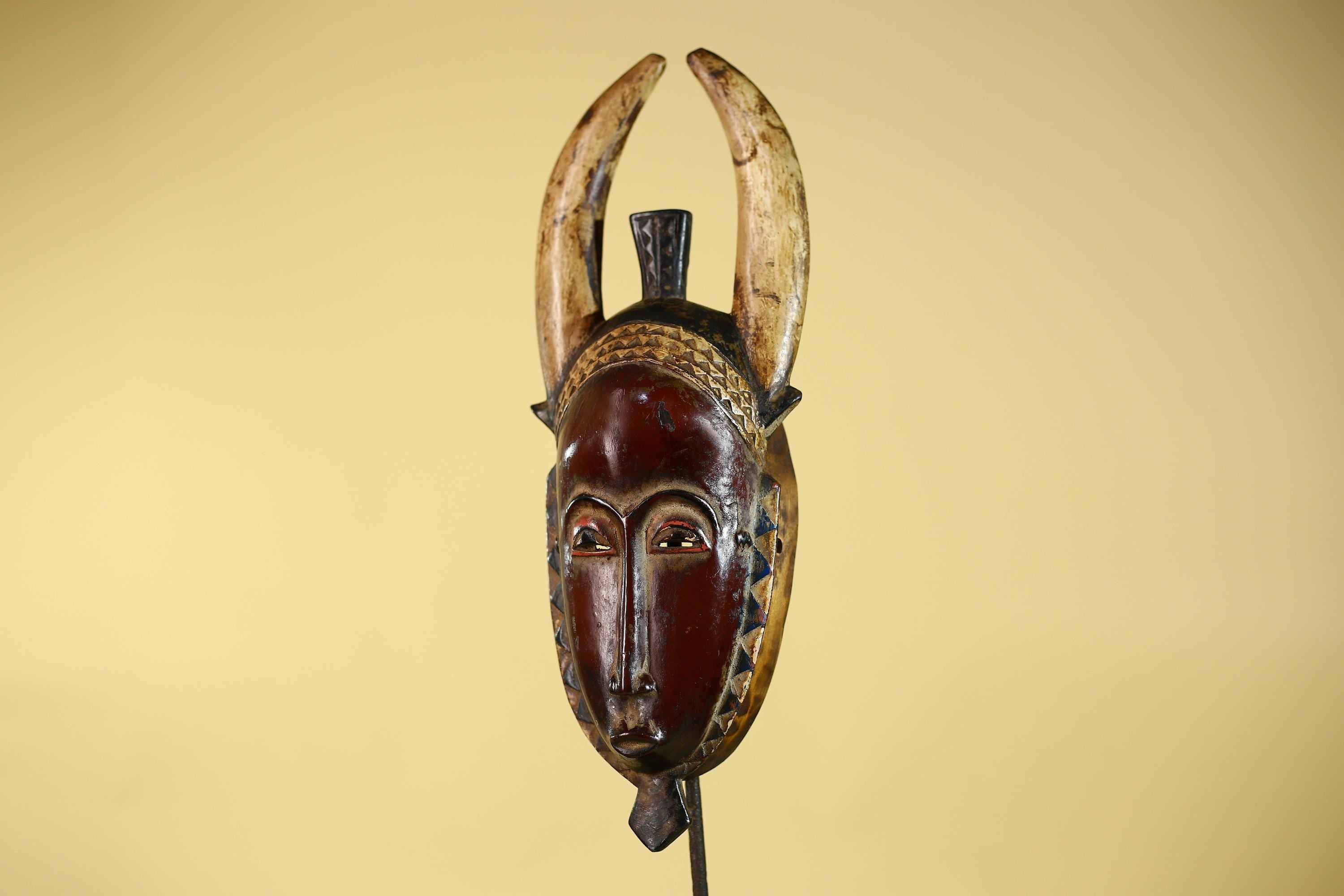 Vintage Baule African Mask: Dark Wood Horned Tribal Wall Art-G6138