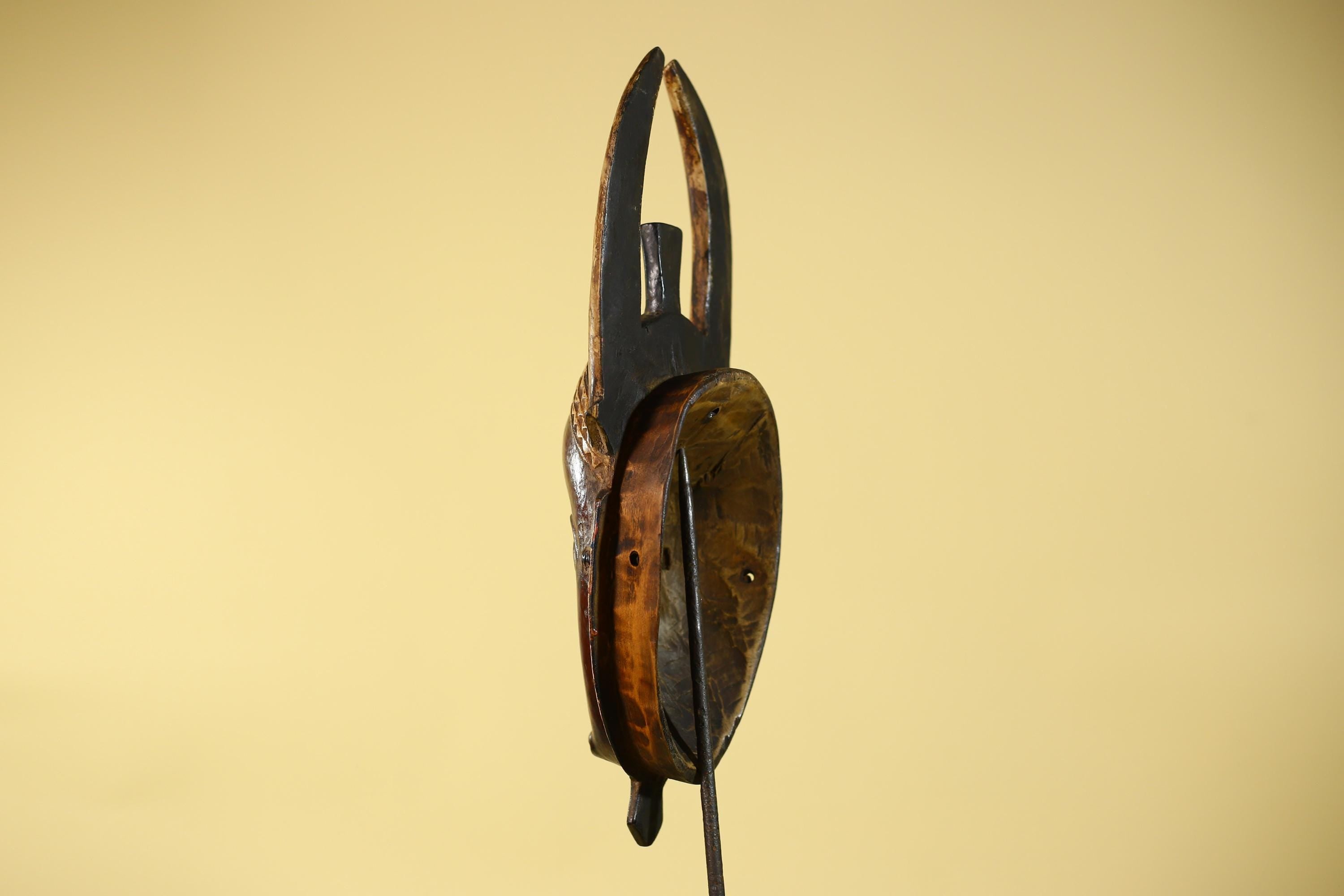 Vintage Baule African Mask: Dark Wood Horned Tribal Wall Art-G6138