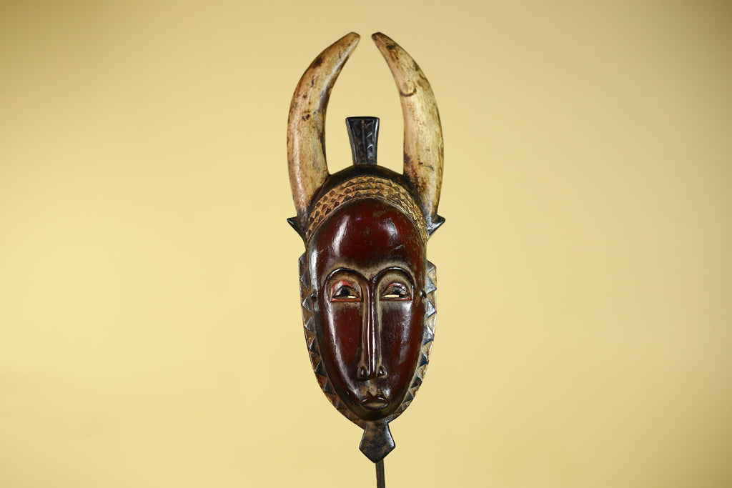 Vintage Baule African Mask: Dark Wood Horned Tribal Wall Art-G6138