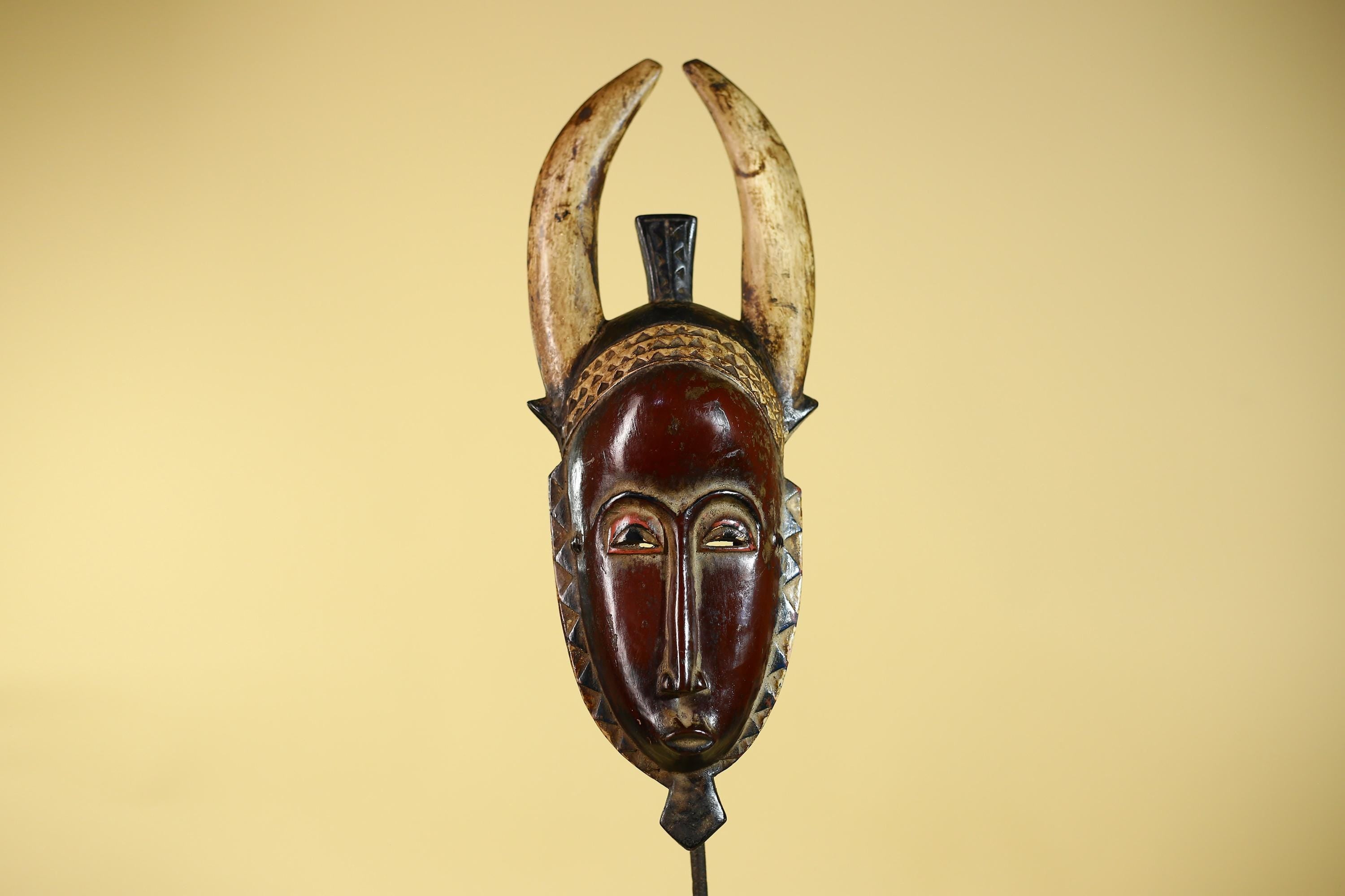 Vintage Baule African Mask: Dark Wood Horned Tribal Wall Art-G6138