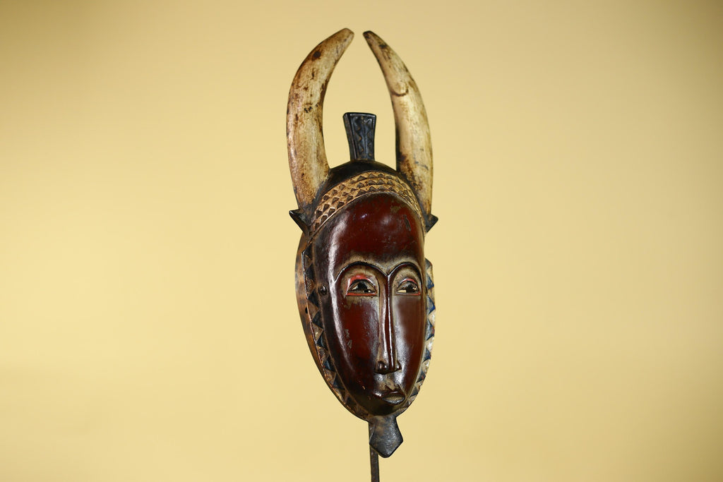 Vintage Baule African Mask: Dark Wood Horned Tribal Wall Art-G6138