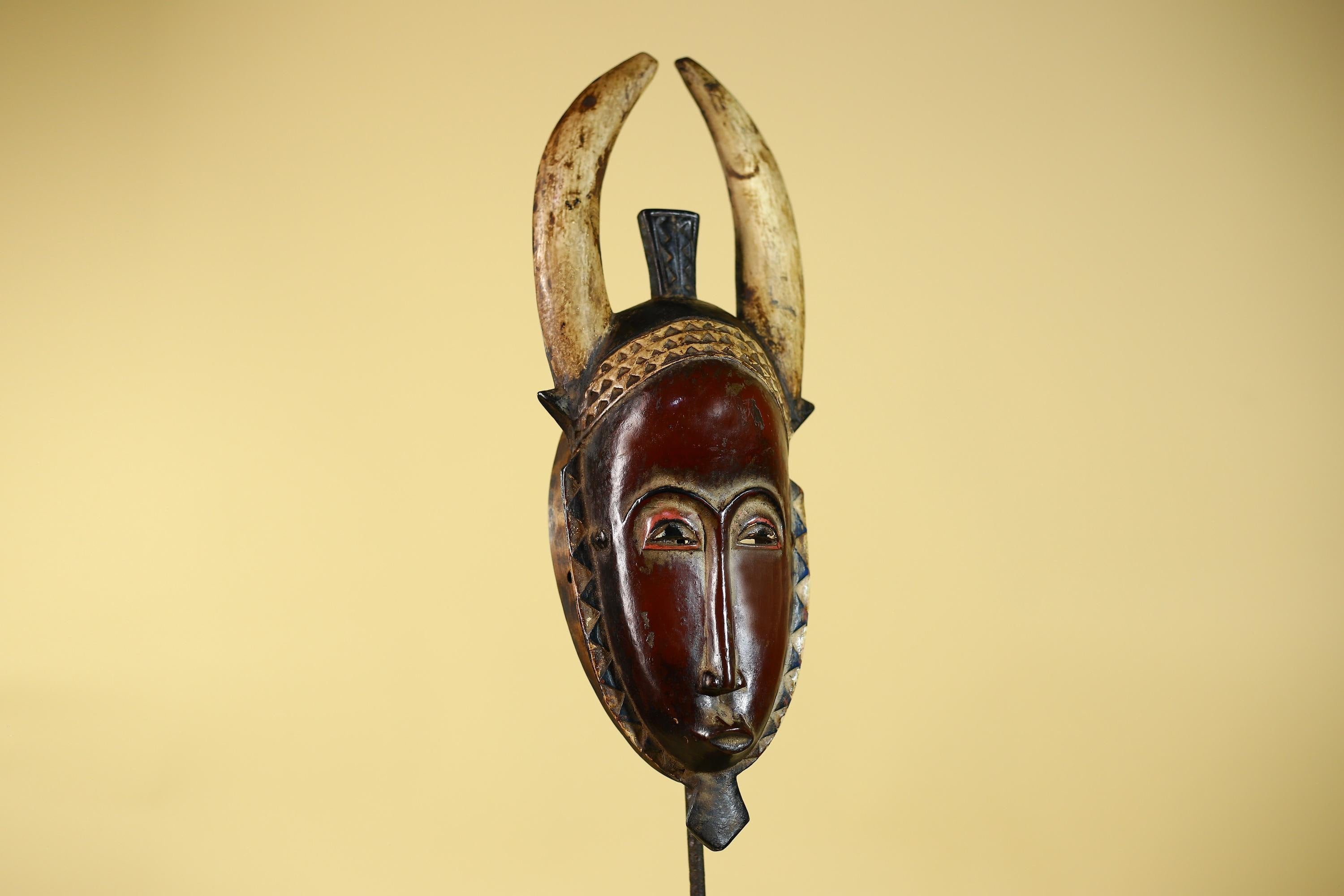 Vintage Baule African Mask: Dark Wood Horned Tribal Wall Art-G6138