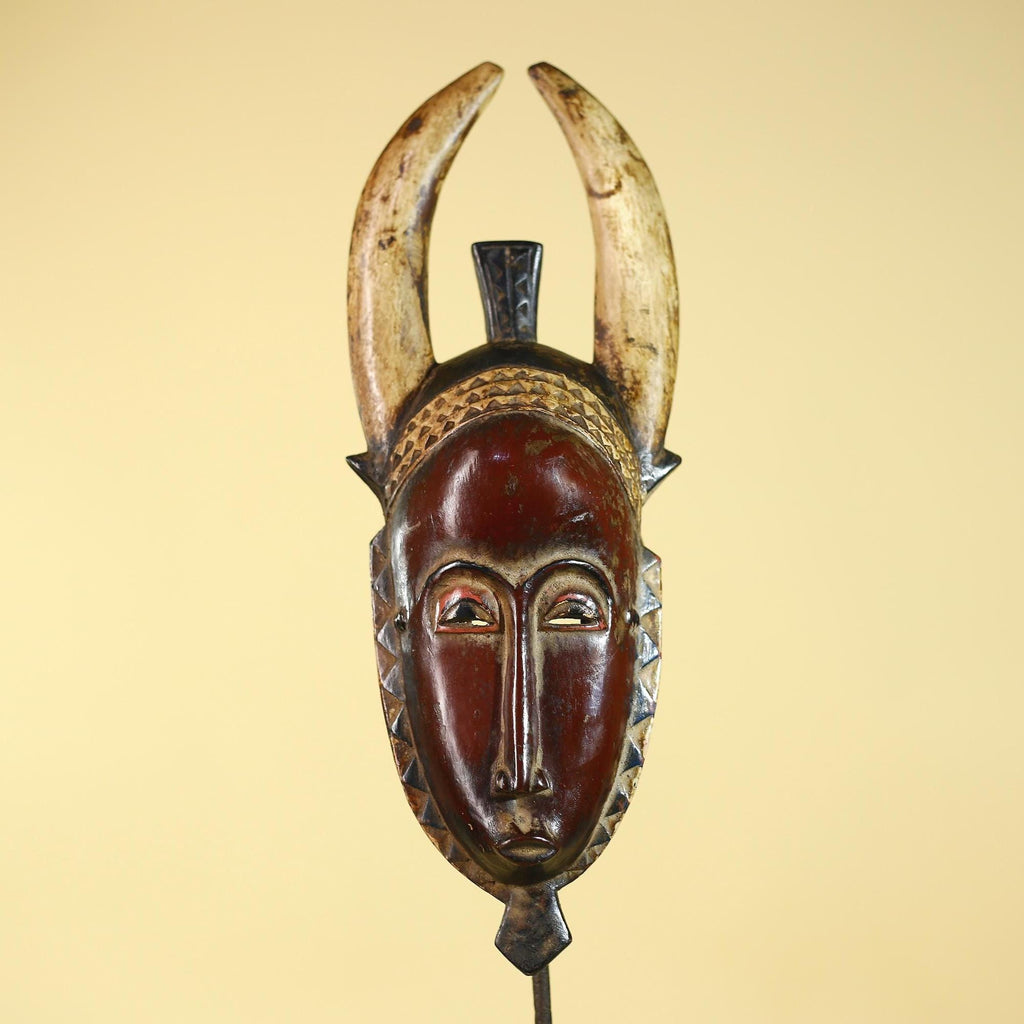 Vintage Baule African Mask: Dark Wood Horned Tribal Wall Art-G6138
