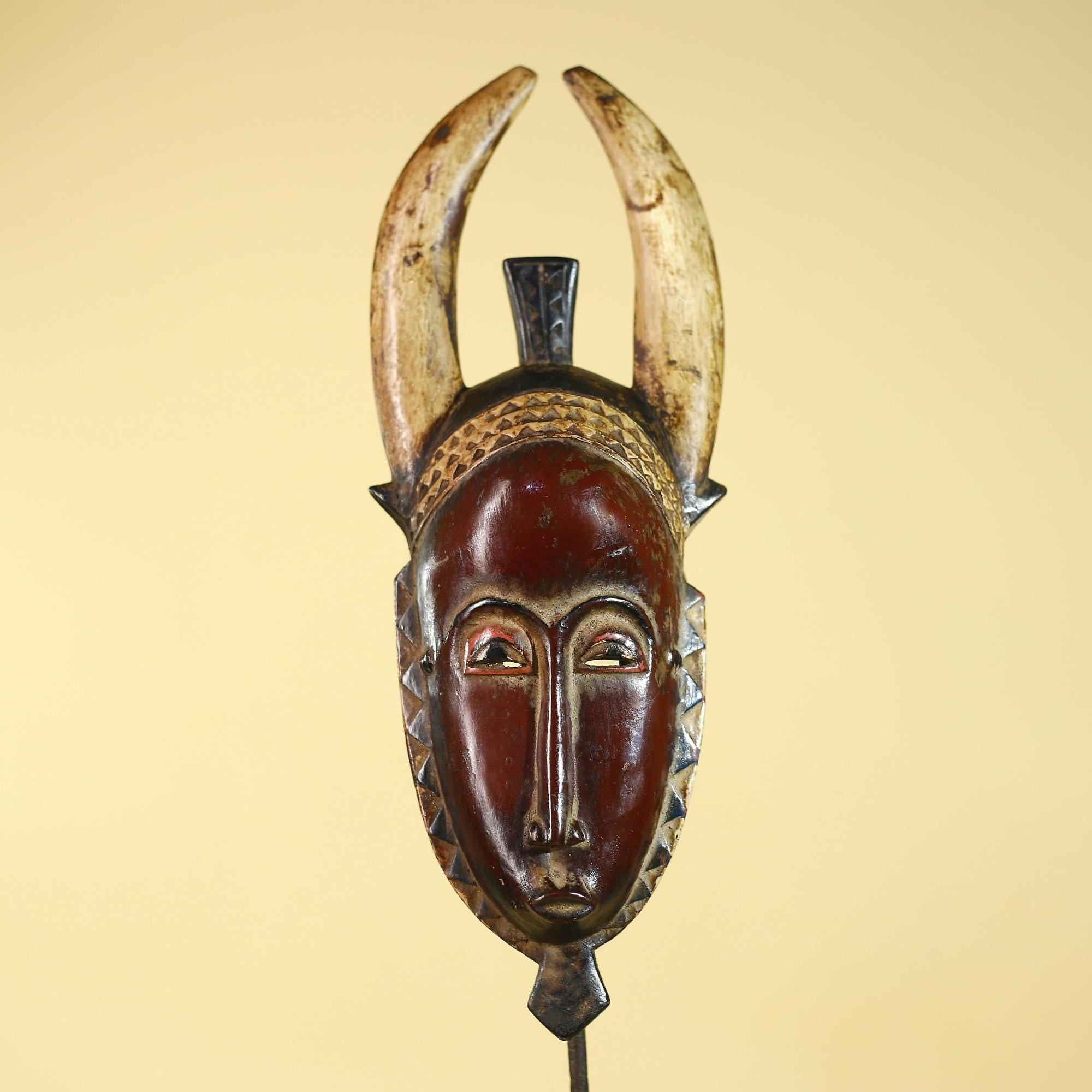 Vintage Baule African Mask: Dark Wood Horned Tribal Wall Art-G6138
