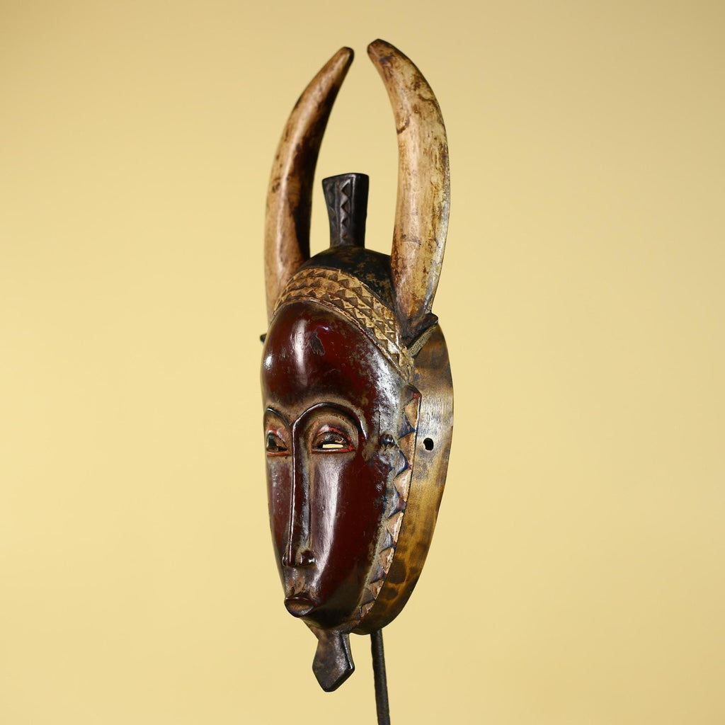 Vintage Baule African Mask: Dark Wood Horned Tribal Wall Art-G6138
