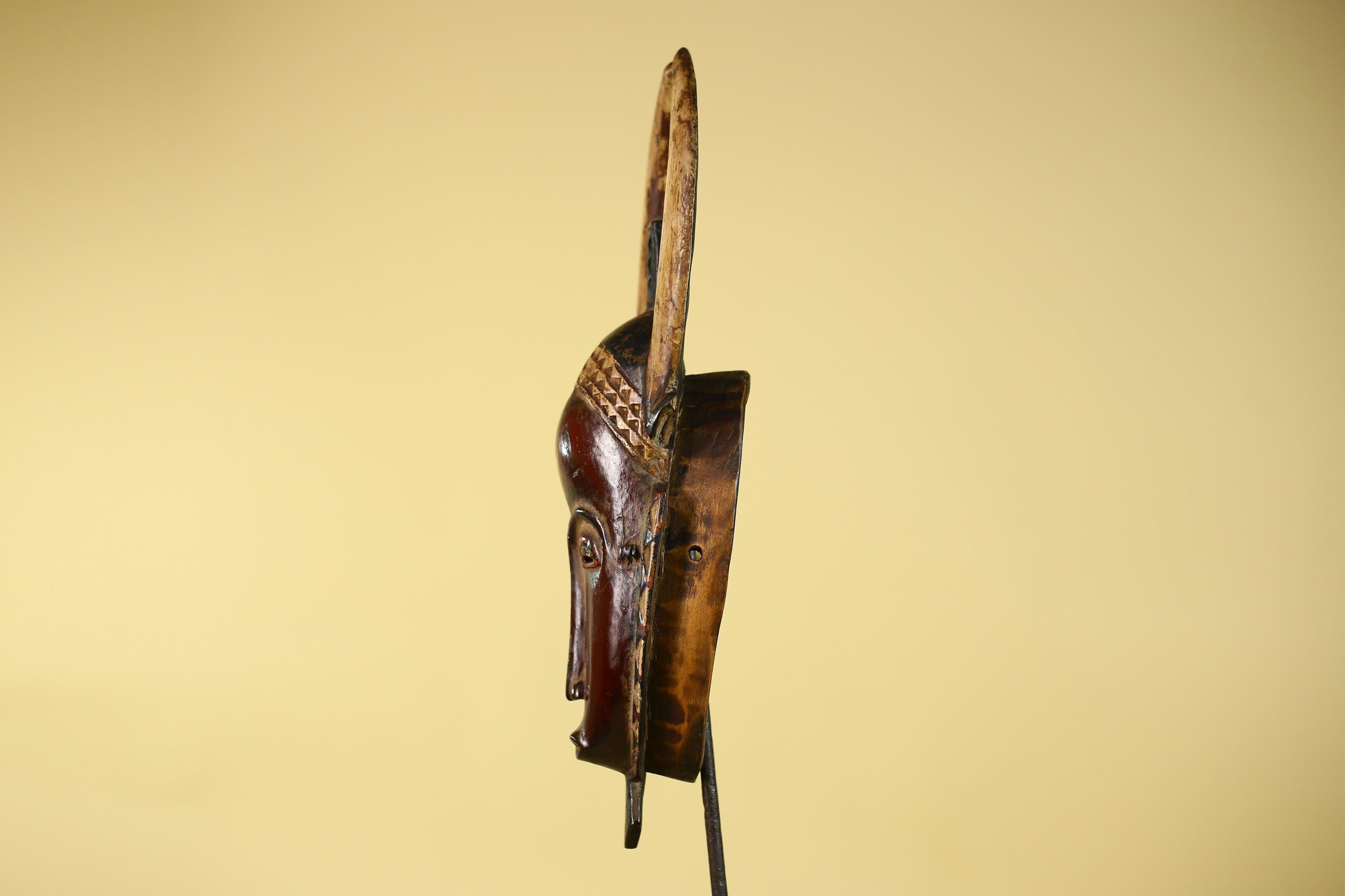 Vintage Baule African Mask: Dark Wood Horned Tribal Wall Art-G6138