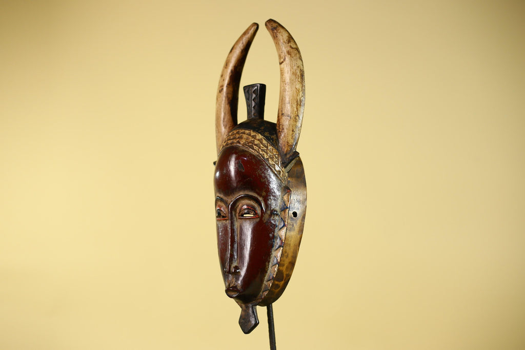 Vintage Baule African Mask: Dark Wood Horned Tribal Wall Art-G6138