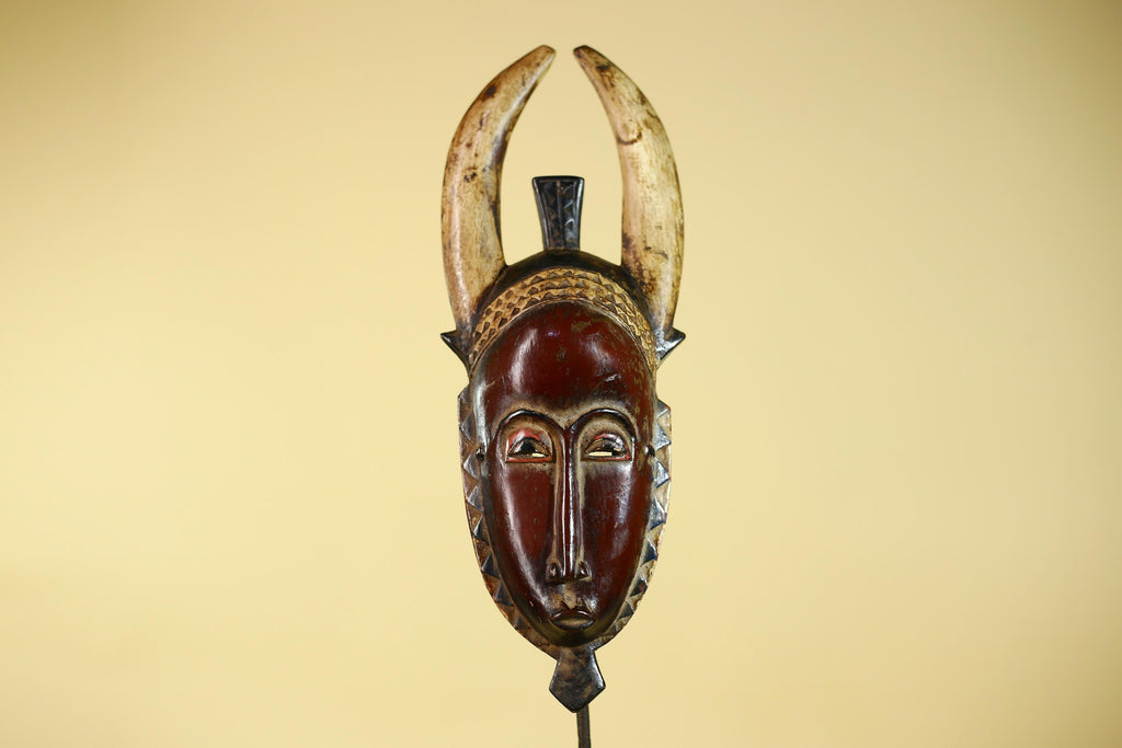 Vintage Baule African Mask: Dark Wood Horned Tribal Wall Art-G6138