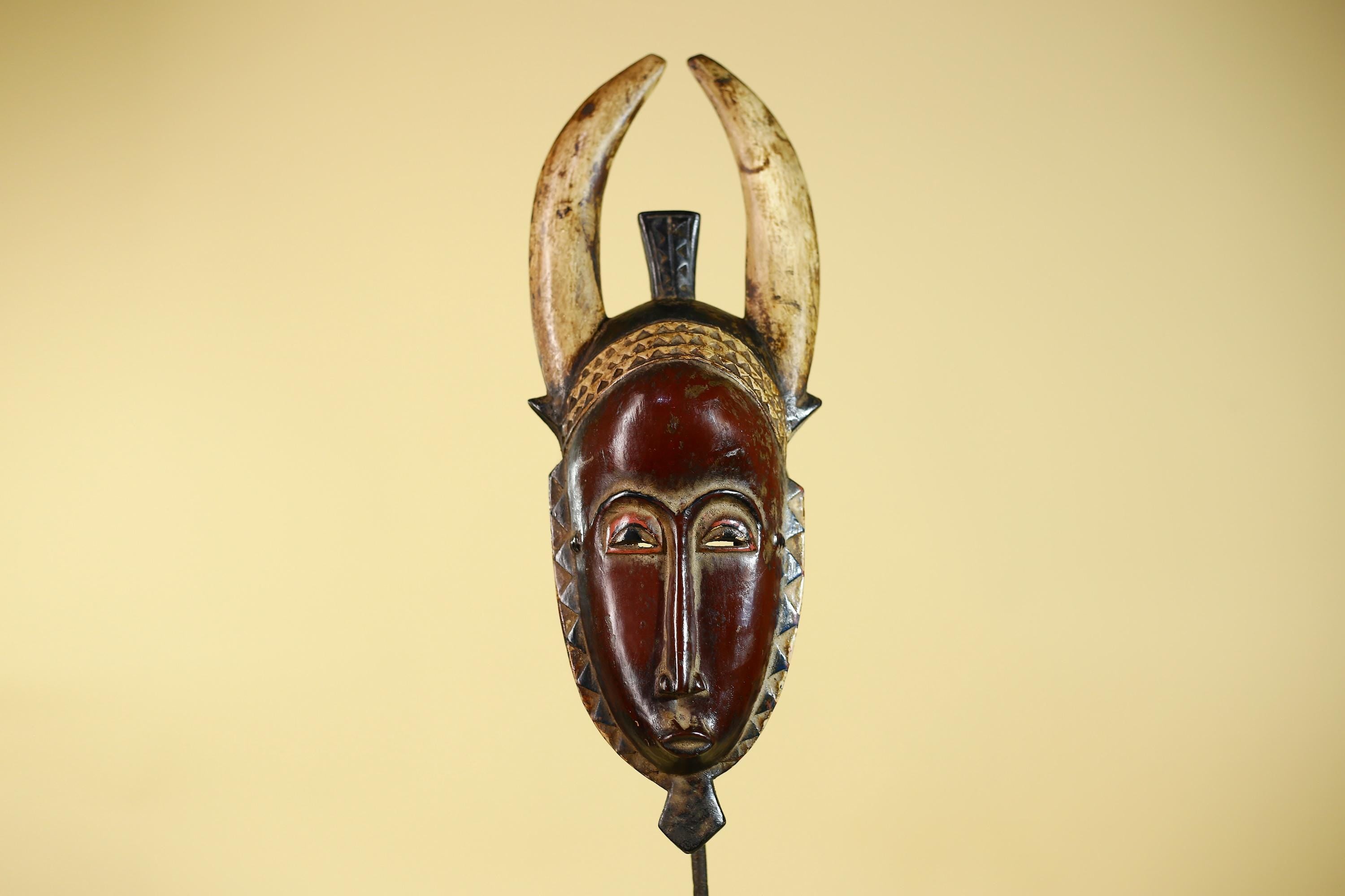 Vintage Baule African Mask: Dark Wood Horned Tribal Wall Art-G6138