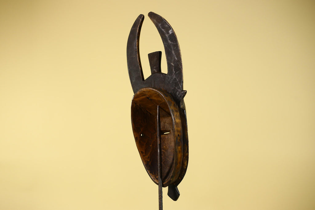 Vintage Baule African Mask: Dark Wood Horned Tribal Wall Art-G6138