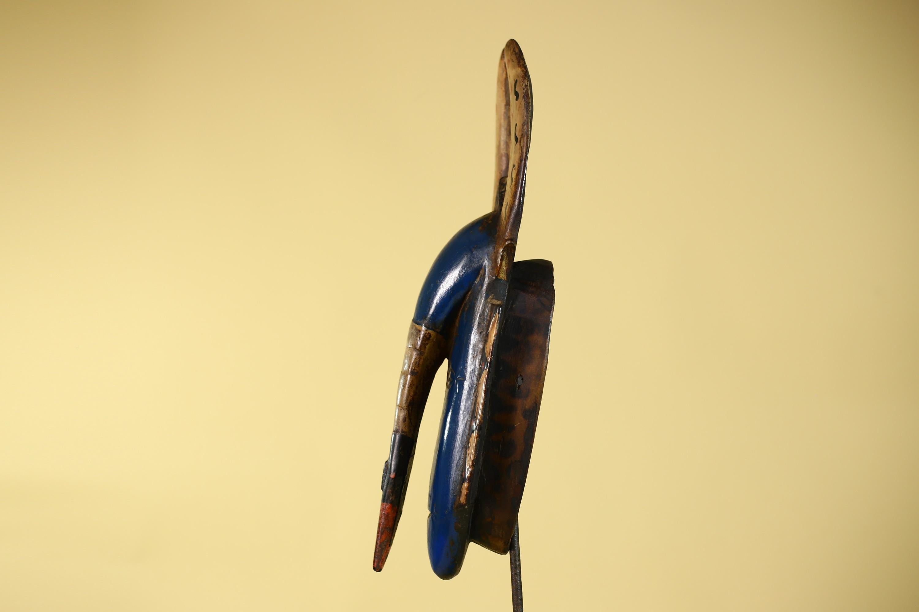 African Mask Horned Blue Wooden Tribal Art Vintage African Wall Decor-G6139