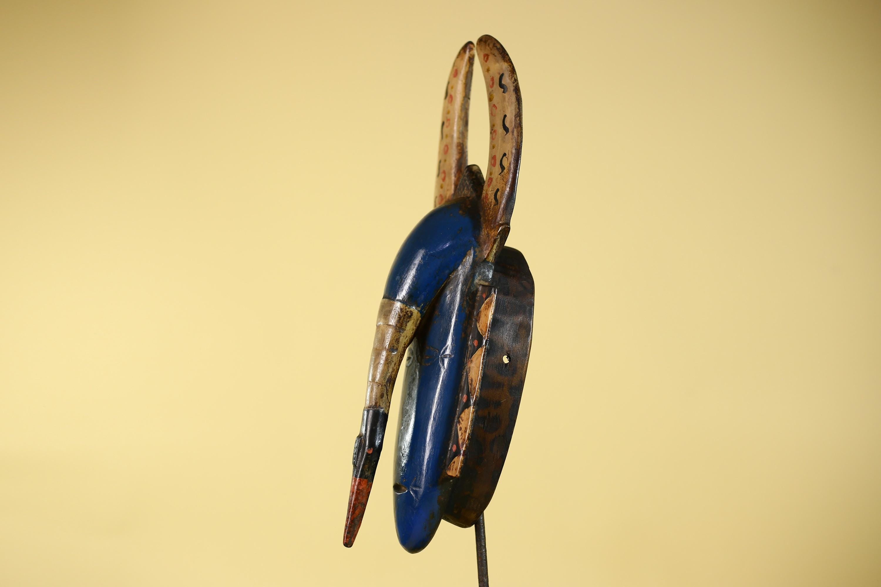 African Mask Horned Blue Wooden Tribal Art Vintage African Wall Decor-G6139