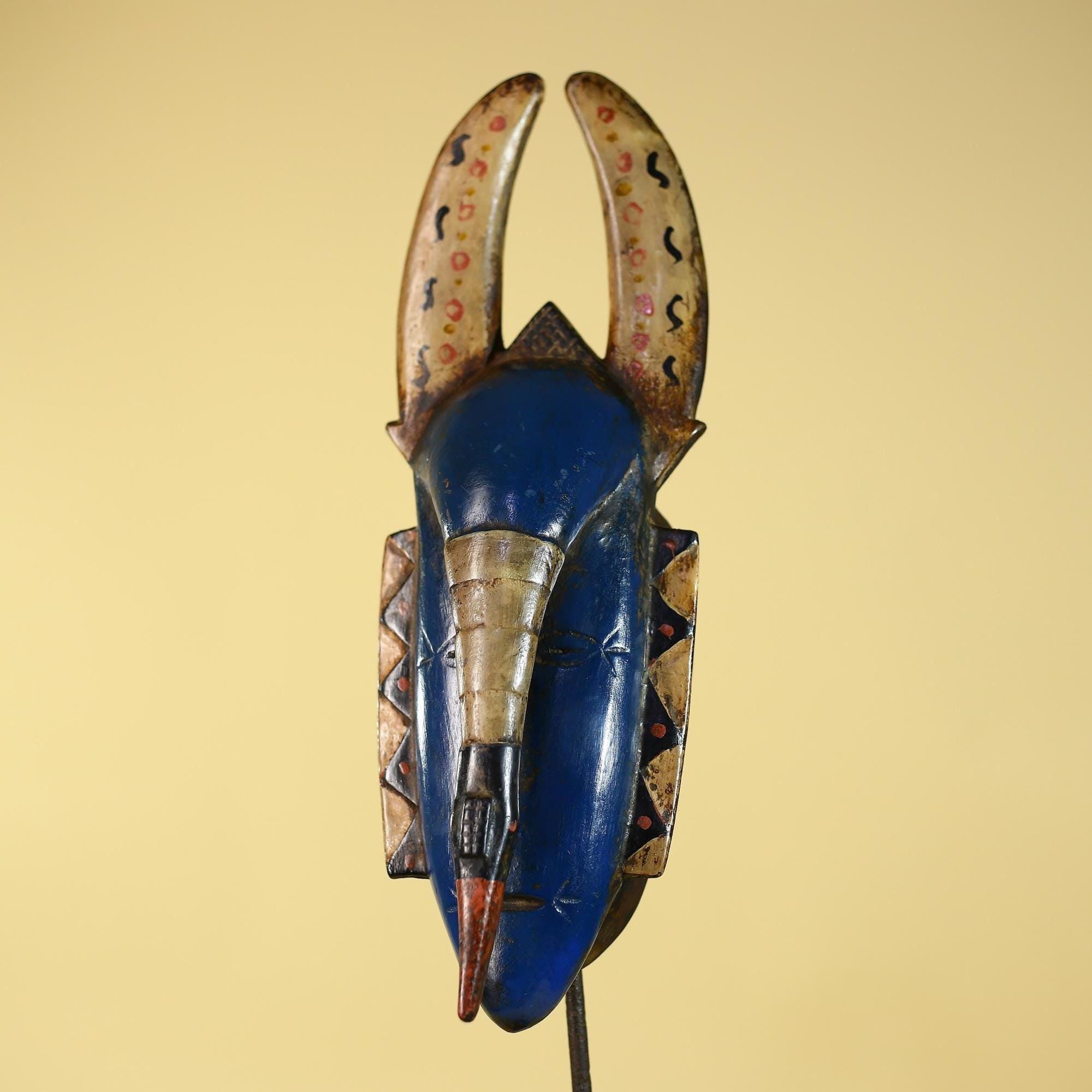 African Mask Horned Blue Wooden Tribal Art Vintage African Wall Decor-G6139