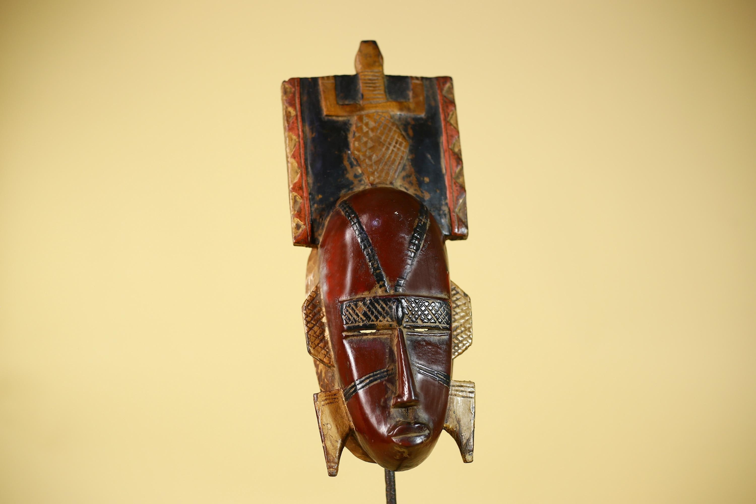 Antique African Guro Wood Mask with Geometric Carved and Rectangular Crest-G6145