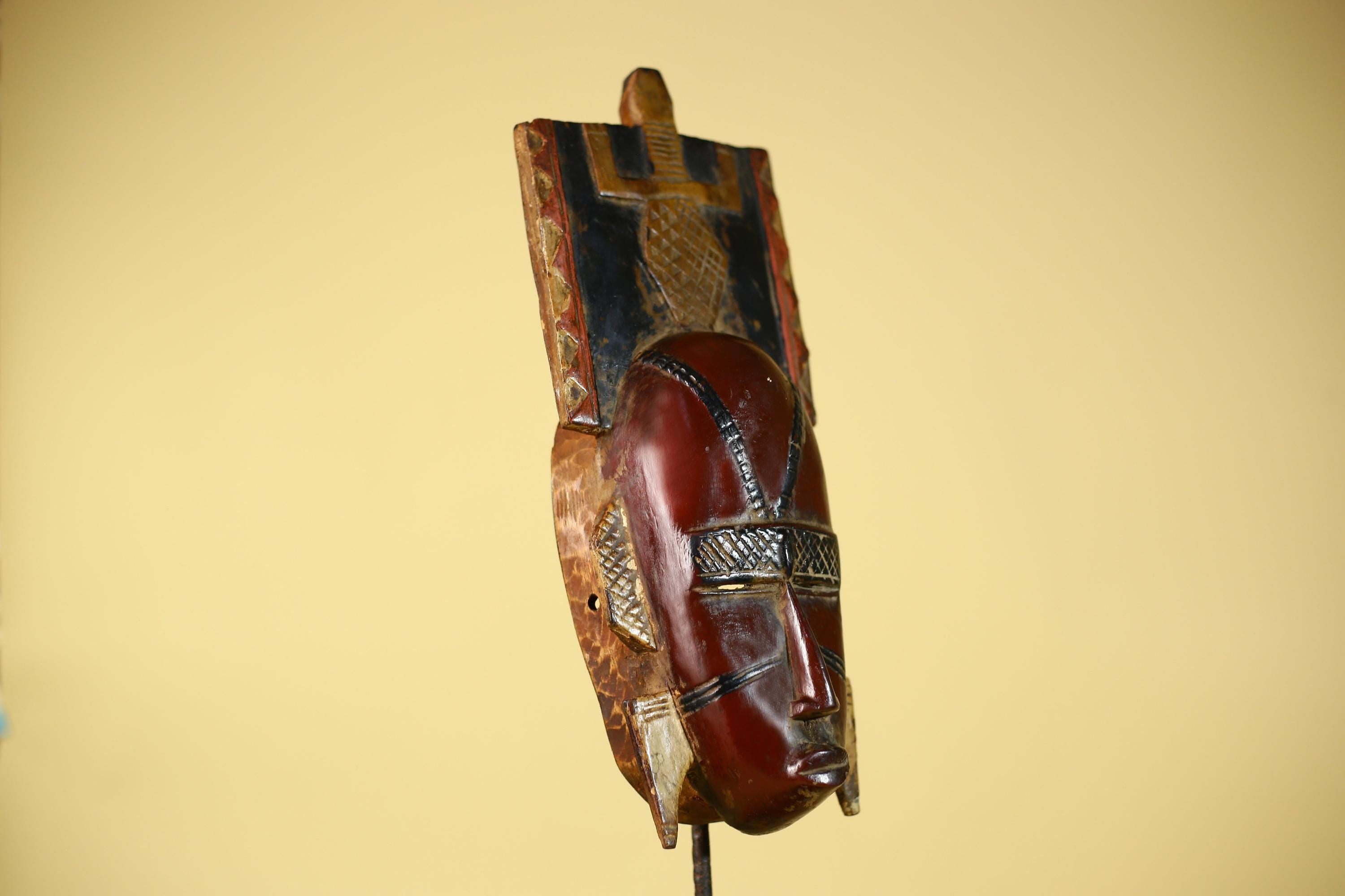 Antique African Guro Wood Mask with Geometric Carved and Rectangular Crest-G6145
