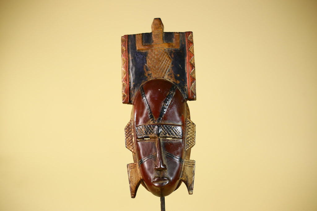 Antique African Guro Wood Mask with Geometric Carved and Rectangular Crest-G6145
