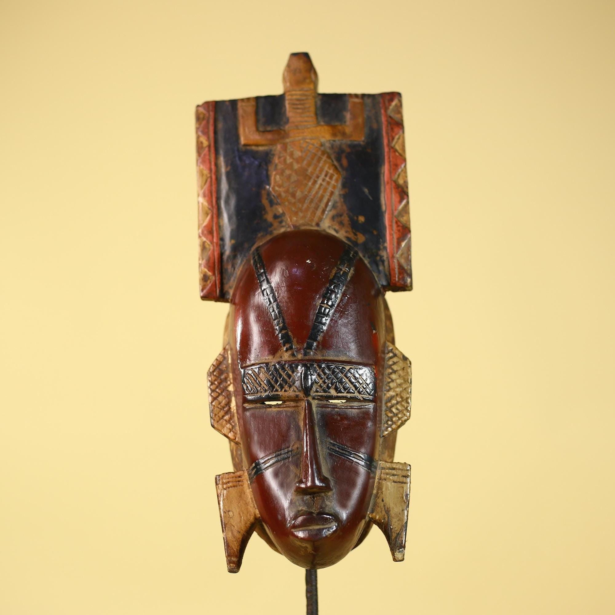 Antique African Guro Wood Mask with Geometric Carved and Rectangular Crest-G6145