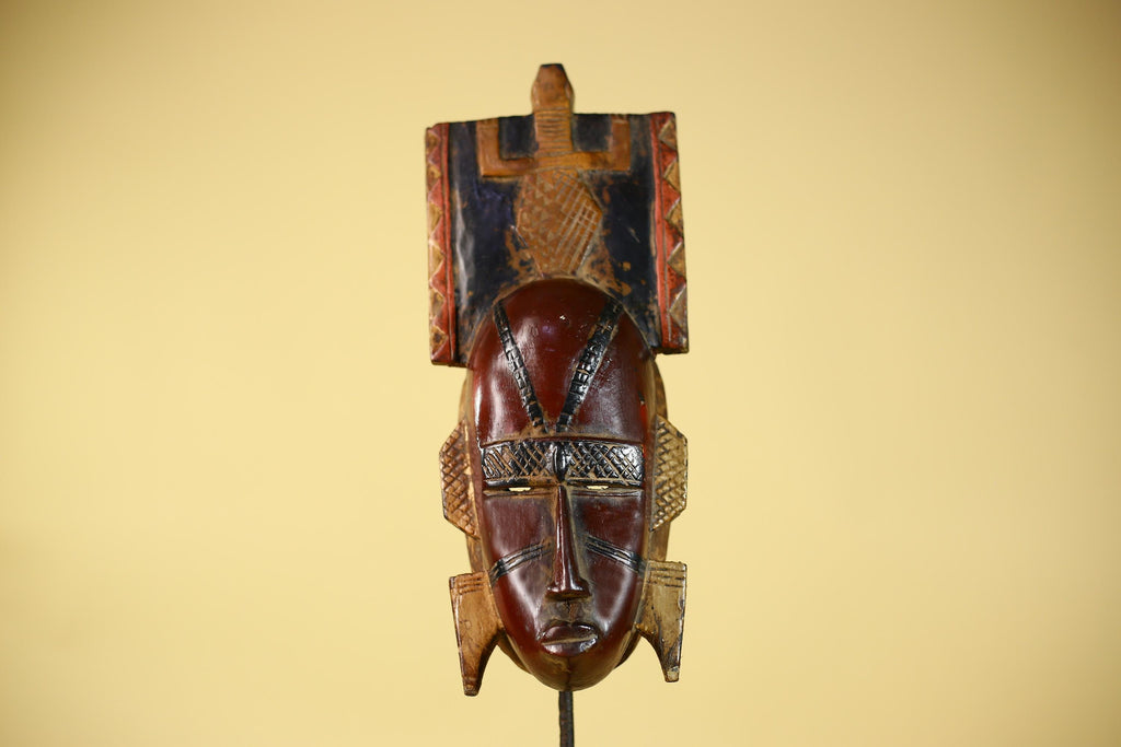 Antique African Guro Wood Mask with Geometric Carved and Rectangular Crest-G6145