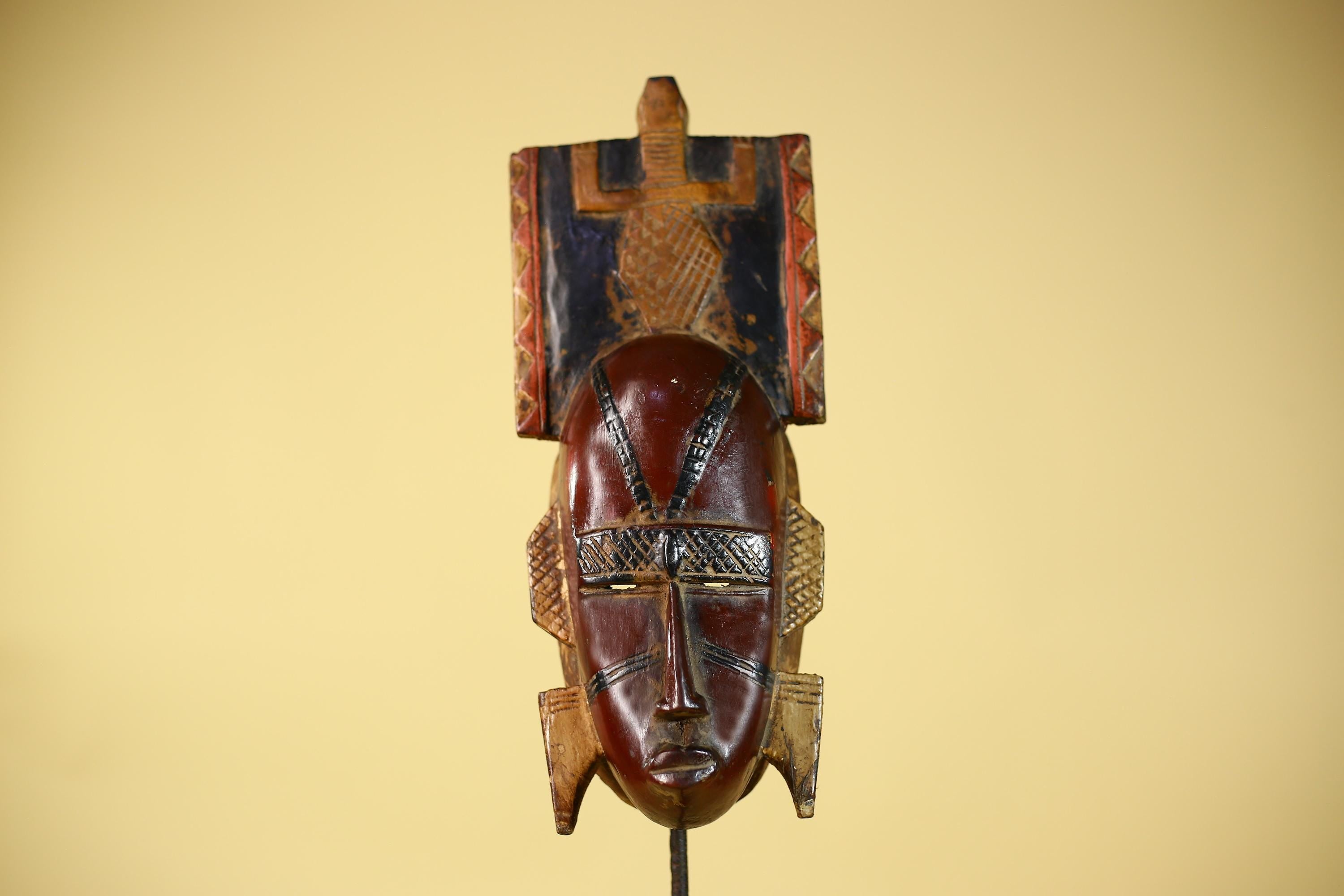 Antique African Guro Wood Mask with Geometric Carved and Rectangular Crest-G6145