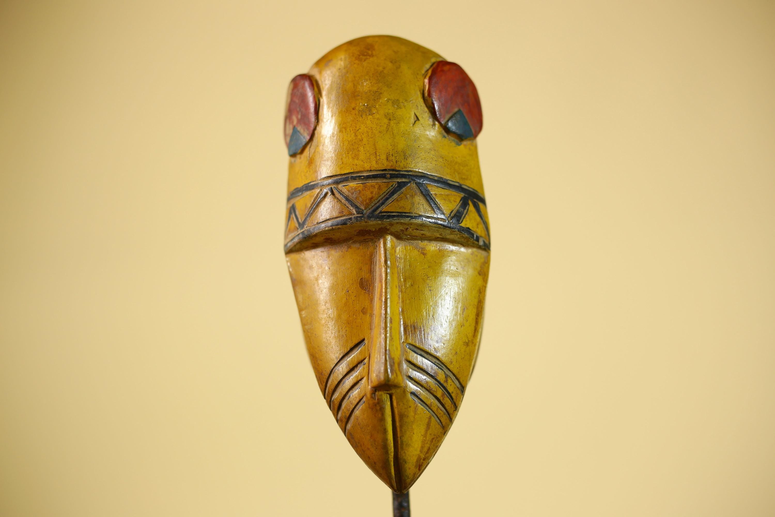 African Guro Tribal  Mask Hand Carved Wood Painted Yellow Ritual Wall Mask-G6037