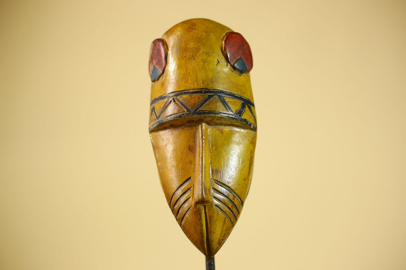 African Guro Tribal  Mask Hand Carved Wood Painted Yellow Ritual Wall Mask-G6037
