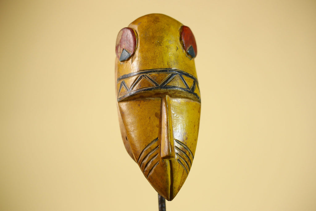 African Guro Tribal  Mask Hand Carved Wood Painted Yellow Ritual Wall Mask-G6037
