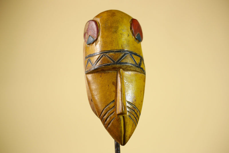 African Guro Tribal  Mask Hand Carved Wood Painted Yellow Ritual Wall Mask-G6037