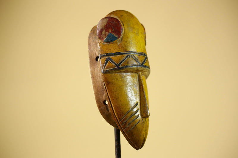 African Guro Tribal  Mask Hand Carved Wood Painted Yellow Ritual Wall Mask-G6037