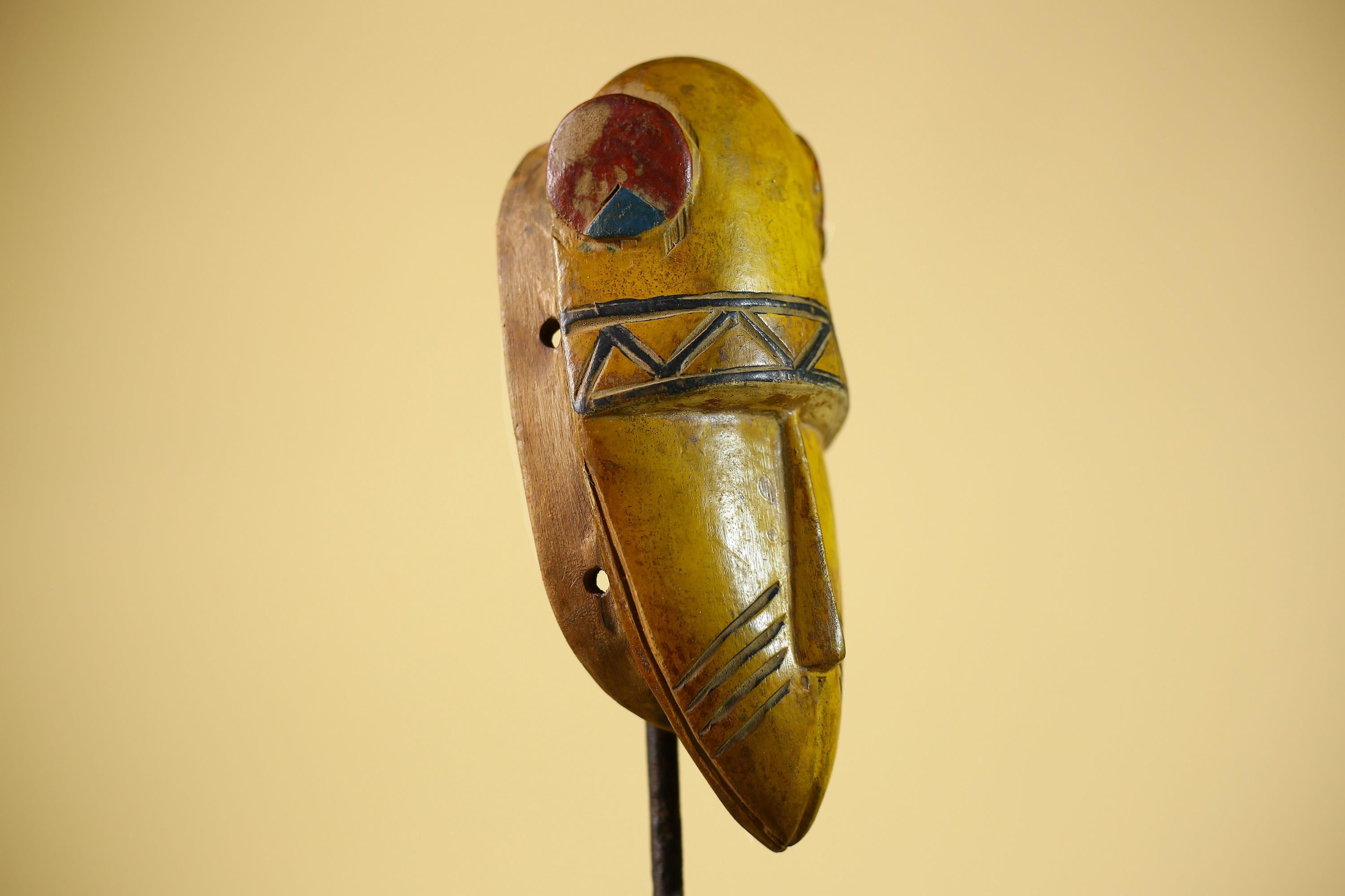 African Guro Tribal  Mask Hand Carved Wood Painted Yellow Ritual Wall Mask-G6037
