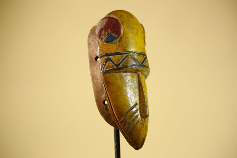 African Guro Tribal  Mask Hand Carved Wood Painted Yellow Ritual Wall Mask-G6037