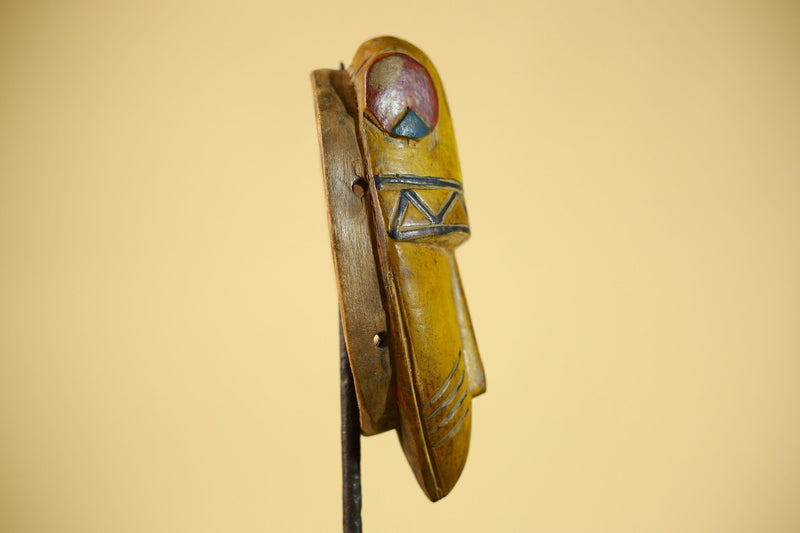 African Guro Tribal  Mask Hand Carved Wood Painted Yellow Ritual Wall Mask-G6037