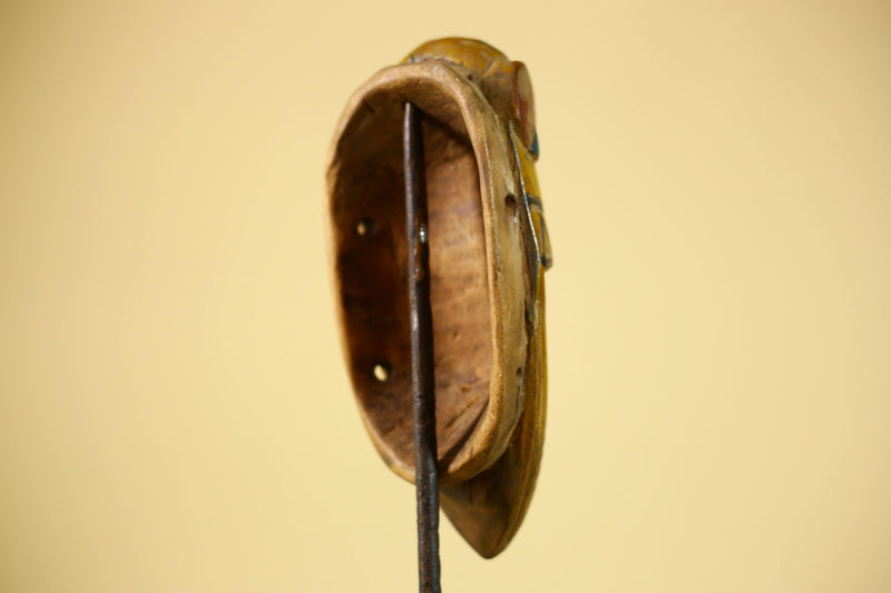 African Guro Tribal  Mask Hand Carved Wood Painted Yellow Ritual Wall Mask-G6037