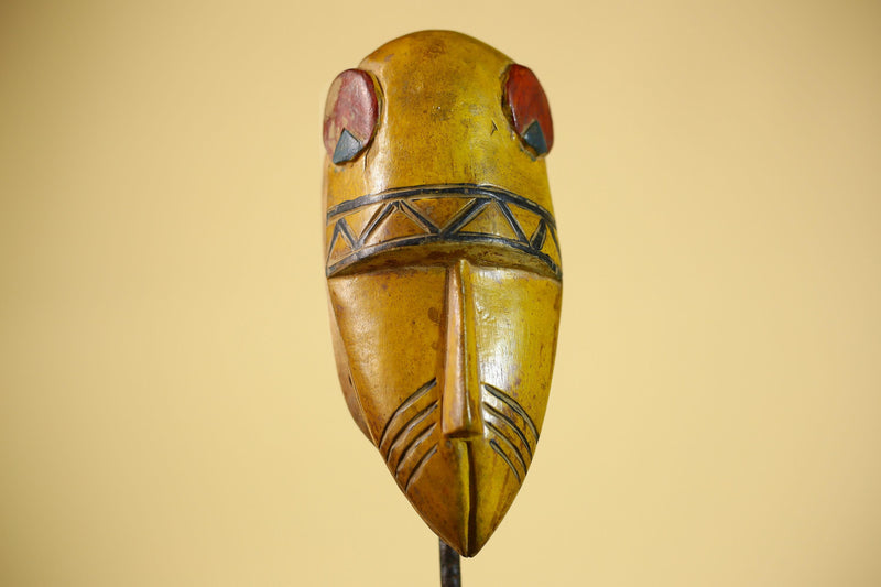 African Guro Tribal  Mask Hand Carved Wood Painted Yellow Ritual Wall Mask-G6037