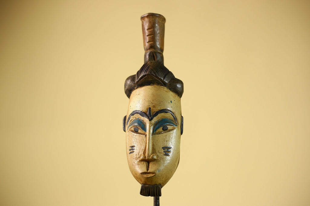 African Vintage Tribal Mask Hand-Carved Wood Painted Cream & Blue Wall Art-G6038