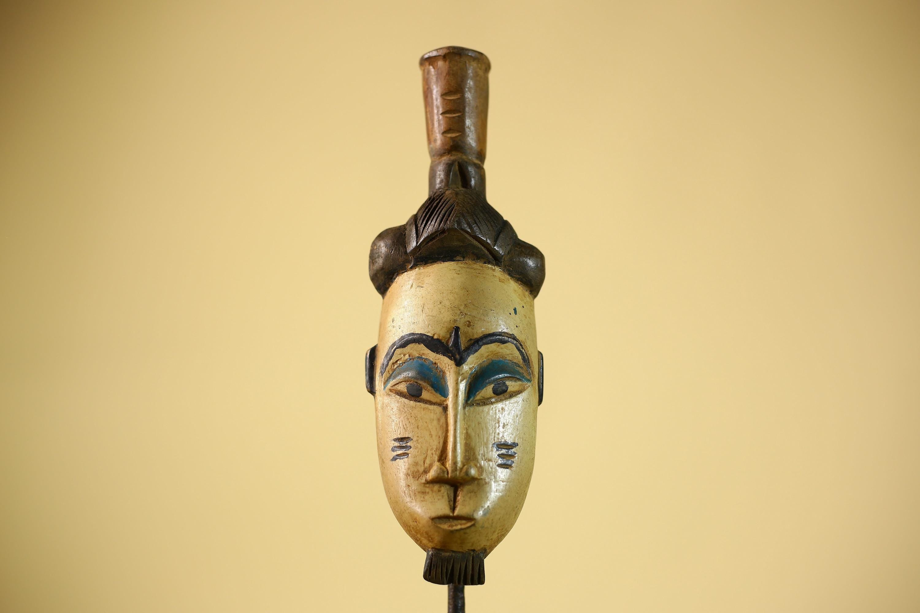 African Vintage Tribal Mask Hand-Carved Wood Painted Cream & Blue Wall Art-G6038