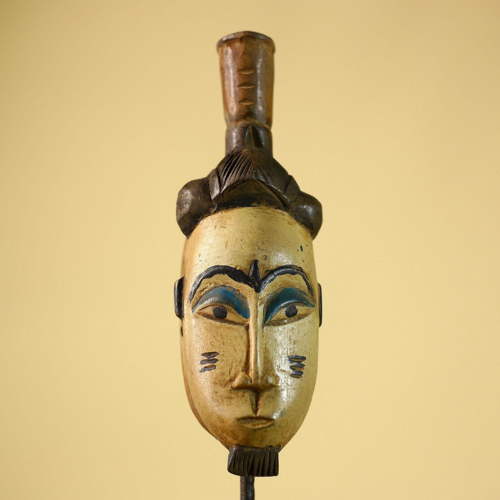 African Vintage Tribal Mask Hand-Carved Wood Painted Cream & Blue Wall Art-G6038