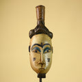 African Vintage Tribal Mask Hand-Carved Wood Painted Cream & Blue Wall Art-G6038