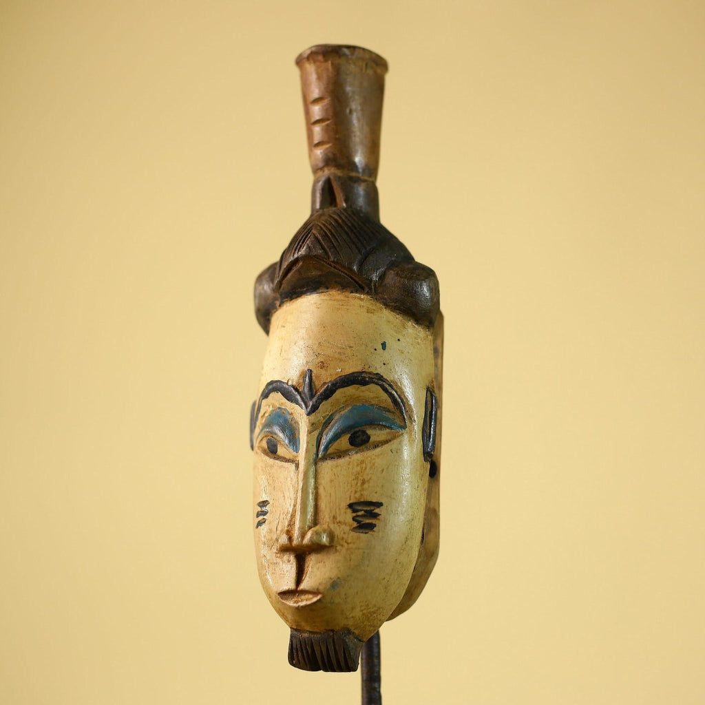 African Vintage Tribal Mask Hand-Carved Wood Painted Cream & Blue Wall Art-G6038
