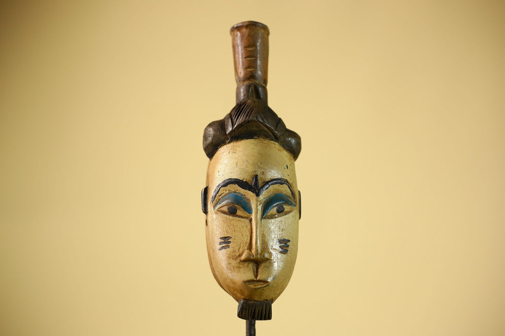 African Vintage Tribal Mask Hand-Carved Wood Painted Cream & Blue Wall Art-G6038